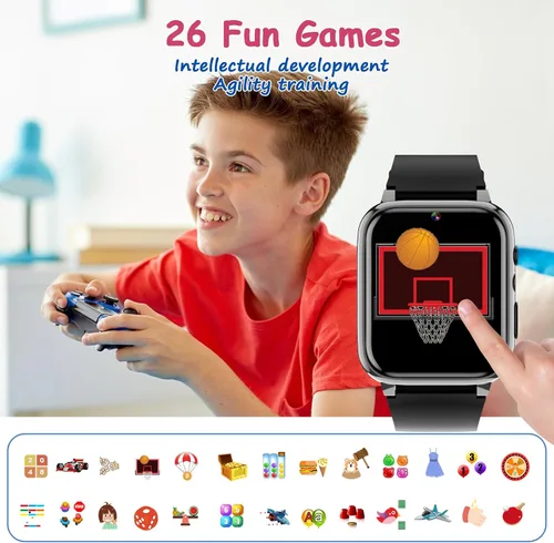 Vista 5 de Reloj inteligente de 1.69 pulgadas para niños de 4 a 12 años, 26 juegos de rompecabezas, cámara HD, reproductor de música de video, podómetro