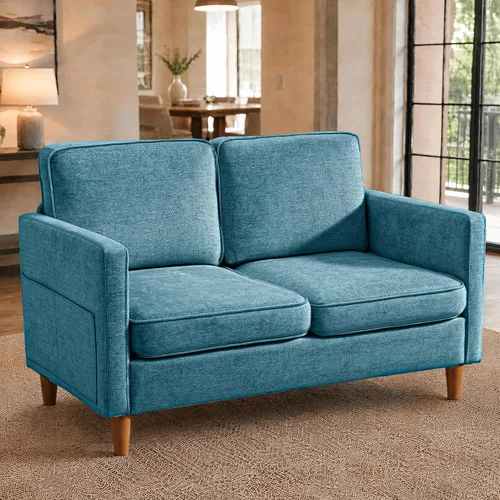 Vista 23 de Kingfun Juego de 2 sillas decorativas, sillas de sala de estar, sillón de lectura de mediados de siglo, felpilla con pie de madera maciza