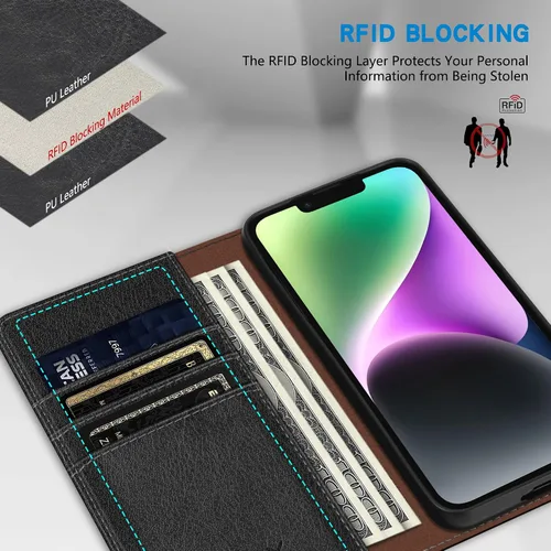 Vista 2 de ZZXX Funda tipo cartera para iPhone 14 con bloqueo RFID, soporte de ranura para tarjetas, funda protectora de cuero magnético fuerte plegable