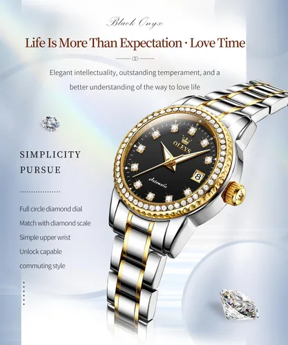 Vista 2 de OLEVS Reloj de pulsera de acero inoxidable original de acero inoxidable para mujer, mecánico automático, de lujo, color dorado