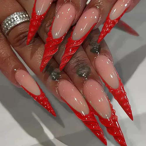 Vista 16 de MISUD Uñas a presión largas Stiletto con pegamento de plata cromada, diseño de cadena gótica Y2K acrílica 24 piezas