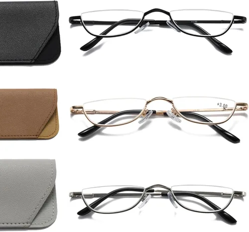 Vista 8 de Viseng Gafas de lectura de medio marco para mujer y hombre, lentes de media luna delgadas, lectores de metal con montura semi desmontable +1.0