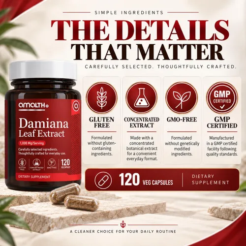 Vista 8 de AMALTH Cápsulas de extracto de hoja de damiana 1000 mg Suplemento de hierbas de té de Damiana Cápsulas Turnera Diffusa Extracto de té de hoja