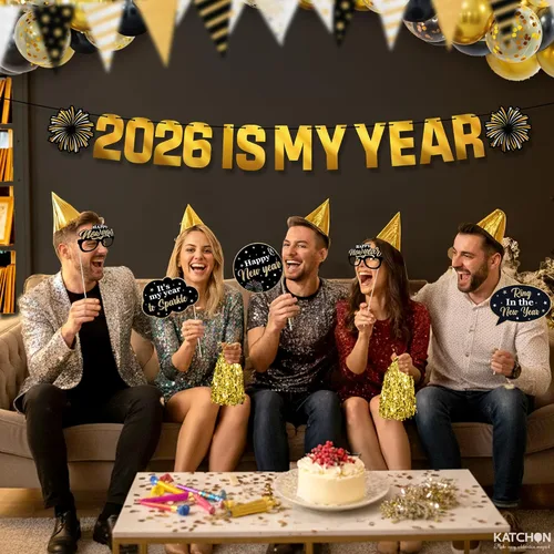 Vista 6 de KatchOn, Cartel de Feliz Año Nuevo – 10 pies, preencordado Fondo dorado de feliz año nuevo, decoraciones de Año Nuevo 2026 Telón de fondo NYE