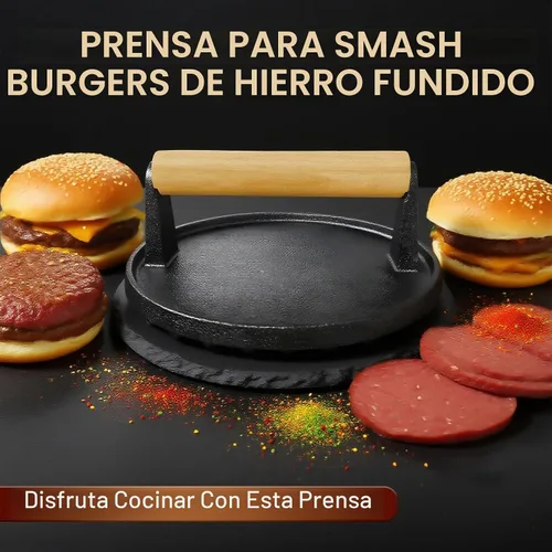 Vista 6 de Smash - Prensa de hamburguesa redonda de 6.9 pulgadas, herramienta trituradora de hamburguesas de hierro fundido resistente de 2.2 libras con mango