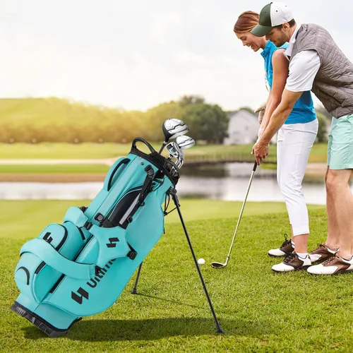 Vista 9 de Bolsa de pie de golf ULTIMATE, bolsa de golf de 8 vías con 5 bolsillos, capucha antilluvia, correa desmontable de doble hombro, almohadilla lumbar