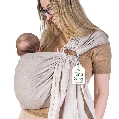 Vista 20 de Portabebés con Eslinga de Anillo - Probado en Laboratorio de EE. UU., 100% Algodón Muslin Natural, Eslinga de Anillo transpirable y ergonómica Beige