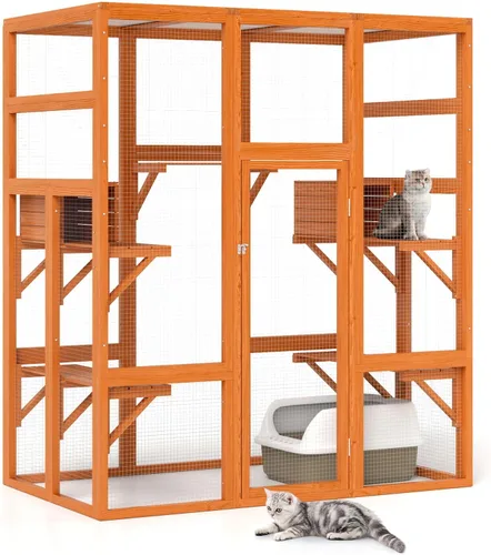 Vista 10 de Nyeekoy Refugio de gato al aire libre de madera grande de 71 pulgadas con perchas y condominios, casa para gatos con techo impermeable, refugio