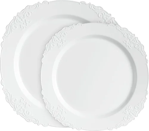 Vista 19 de PLASTICPRO Juego de 32 elegantes platos desechables de plástico que incluye 16 platos llanos y 16 platos de ensalada, platos de fiesta resistentes