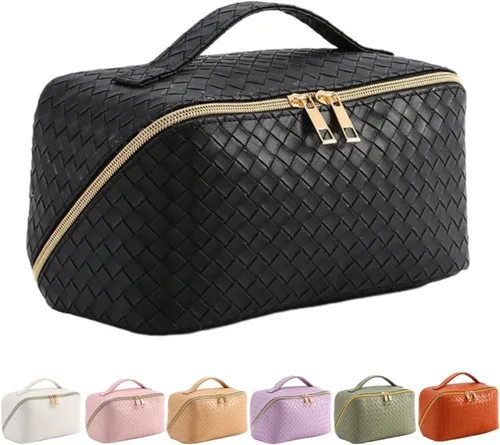 Vista 23 de Bolsas de maquillaje a cuadros de gran capacidad, bolsas de cosméticos portátiles de viaje, bolsa de aseo abierta y plana para mujeres y niñas