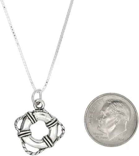 Vista 2 de Sterling Silver Oxidized Double Sided Life Saver Preserver Pendant Box Chain Necklace
