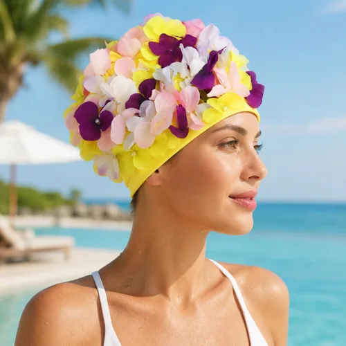 Vista 2 de WINOMO Gorra de natación de moda con pétalos florales con estilo gorro de natación tamaño L para mujer