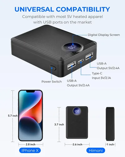 Vista 3 de Paquete de batería de chaleco calefactable, cargador de batería recargable con pantalla LED, entrada tipo C y salida USB-A dual para ropa térmica
