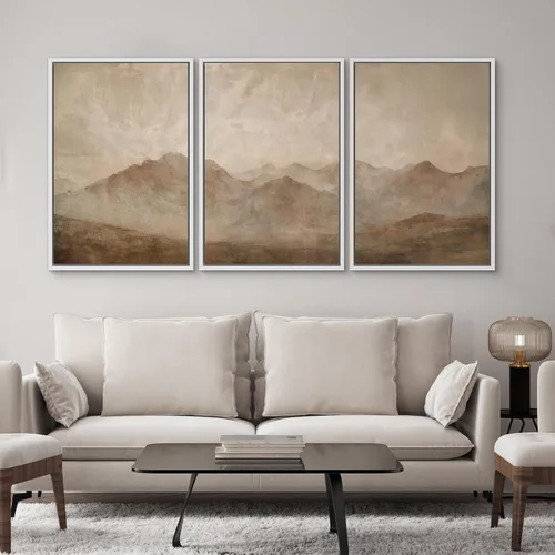 Vista 343 de SIGNWIN Lienzo enmarcado para pared, juego de arte neutro de bosque brumoso, ilustraciones en tono tierra, arte moderno, decorativo, bohemio