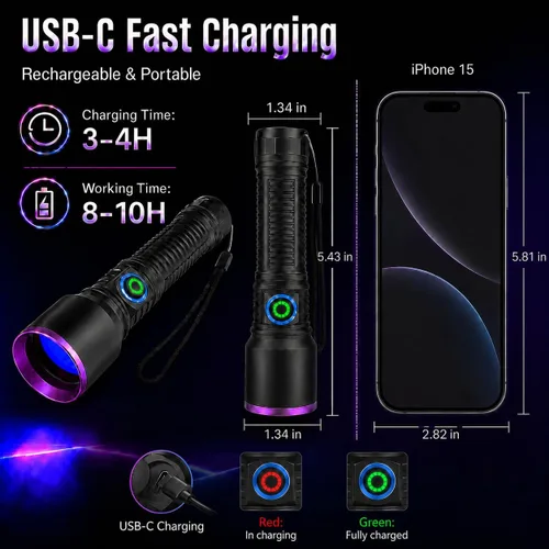 Vista 7 de luz negra de la linterna ULTRAVIOLETA de 365nm recargable para la detección