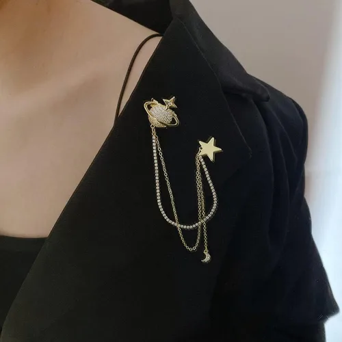 Vista 2 de Broche de estrella de planeta de moda, circonita cúbica con borla de cristal, cadena de luna creciente, clip para abrigo, traje, ramillete, broches