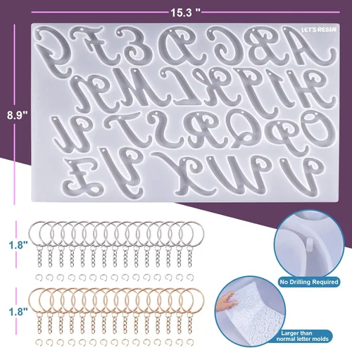 Vista 2 de LET'S RESIN Molde grande del alfabeto con agujero, moldes de resina de letras del alfabeto invertido de silicona con 30 anillos de salto, 30