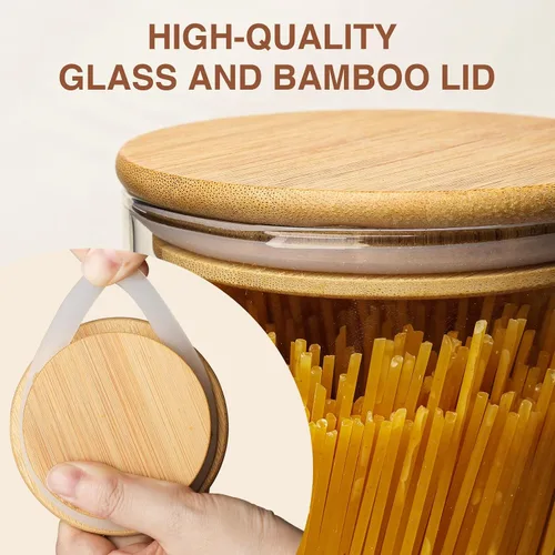 Vista 8 de SHOWIN Tarros de almacenamiento de pasta de vidrio de 73 onzas, tarros altos de vidrio con tapas de bambú, contenedor de espagueti, juego de 3
