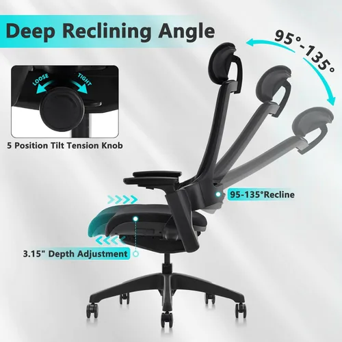 Vista 7 de CLATINA Silla ejecutiva ergonómica de alta rotación con cabeza de altura ajustable, reposabrazos 3D, soporte lumbar y respaldo tapizado para oficina