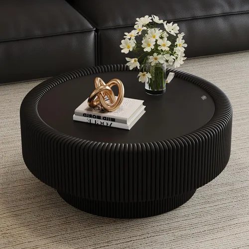 Vista 39 de Mesa de centro redonda de madera de 31.49 pulgadas con almacenamiento, mesa de centro circular acanalada de 2 niveles con tapa y estante para sala