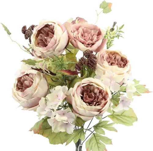 Vista 7 de Admired By Nature Ramo de flores artificiales de primavera mezclado con 14 tallo, rosa de color arcilla e hortensias para decoración del hogar
