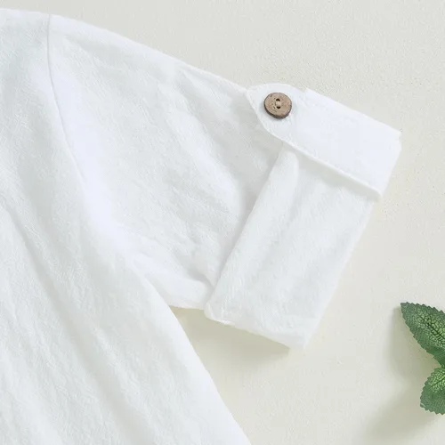 Vista 5 de Conjunto de camisa de manga larga con cuello de banda de algodón y lino para bebé y niño, pantalones casuales para otoño e invierno