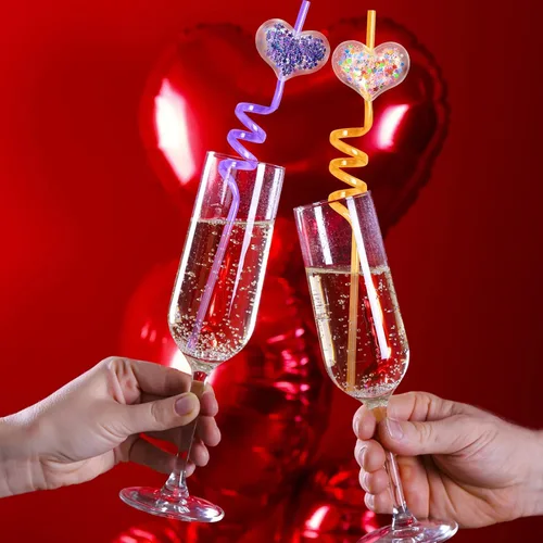 Vista 4 de 24 popotes de plástico con purpurina de 8 colores para el día de San Valentín, con 2 cepillos de limpieza