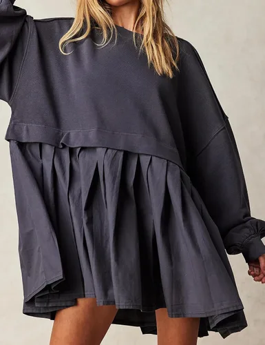 Vista 3 de Ugerlov Vestido de sudadera de gran tamaño para mujer, manga larga, cuello redondo, sin botones, ajuste relajado, mini vestido