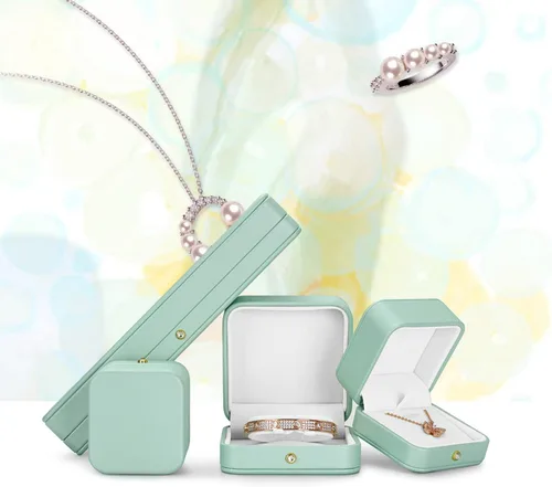 Vista 2 de Oirlv Hermosa caja de collar verde menta interior de terciopelo blanco cadena larga pulsera collar caja de almacenamiento