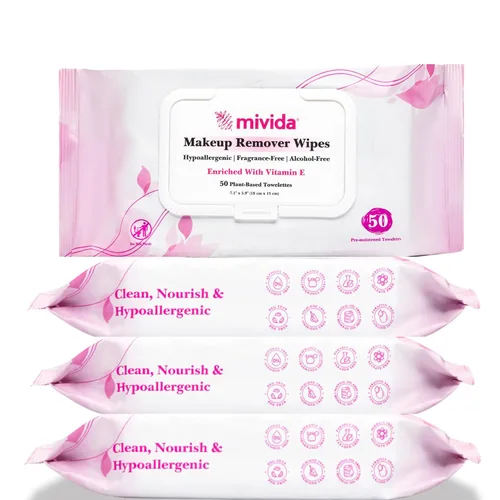 Vista 17 de mivida Toallitas desmaquillantes hipoalergénicas con ácido hialurónico, sin alcohol y sin fragancia, toallitas de maquillaje para pieles sensibles