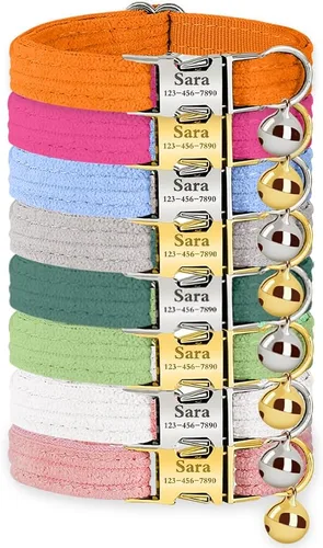 Vista 20 de Collar de gato personalizado con placa de nombre, collares ajustables de nailon resistente para identificación de gato con campana, personaliza