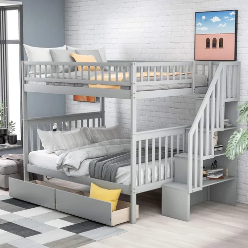 Vista 22 de Literas para niños con escalera, literas de madera maciza con barandilla completa