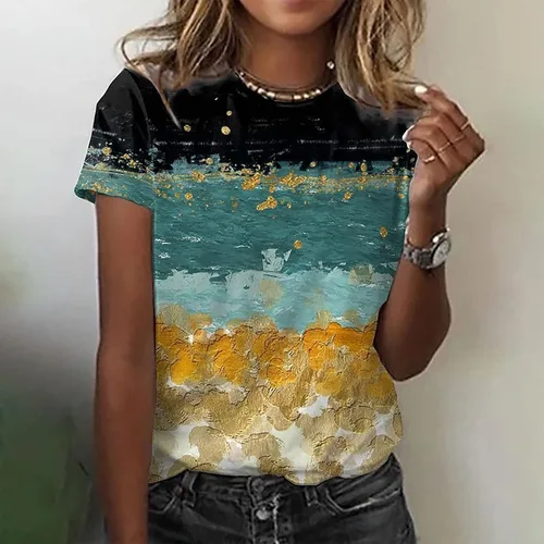 Vista 2 de Camisa de elastano para mujer, de verano, casual, con cuello redondo, manga corta, tecnología suave