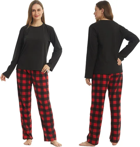 Vista 6 de YUSHOW Pijamas a juego para parejas, conjunto de pijama a cuadros para mujeres y hombres, conjunto de camisa de forro polar suave y cálido