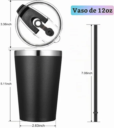 Vista 4 de VEGOND - Vaso térmico de acero inoxidable de 12 onzas con aislamiento al vacío de doble pared, vaso para viaje con tapa y pajita reutilizable Negro