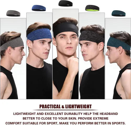 Vista 4 de Braylin Paquete de 5 diademas deportivas para hombre, diademas transpirables para fitness, absorben el sudor, elásticas