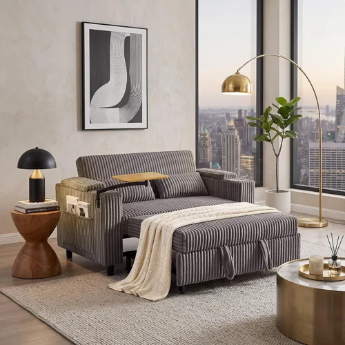 Vista 10 de LINSY HOME Sofá cama extraíble 3 en 1, sofá cama convertible de 58 pulgadas para sala de estar, mesa giratoria de 360°, reposabrazos