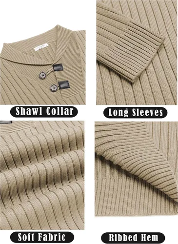 Vista 5 de COOFANDY Suéter de punto con cuello de chal para hombre, casual, ajustado, con botones, suéter de punto