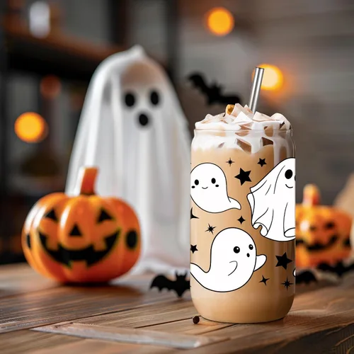 Vista 7 de Coolife Taza fantasma de Halloween, vaso de vidrio de 16 onzas con tapas y pajitas, taza de café helado espeluznante para batidos, bonitos regalos