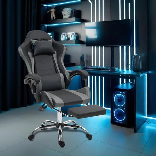 Vista 2 de Silla de masaje para juegos con reposapiés, silla ergonómica de videojuegos para adultos y niños, reposacabezas ajustable y soporte lumbar
