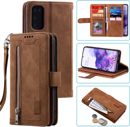 Vista 20 de UEEBAI Funda tipo cartera para Samsung Galaxy S20 FE 5G, Retro 9 ranuras para tarjetero, bolsillo con cremallera, cierre magnético, función atril