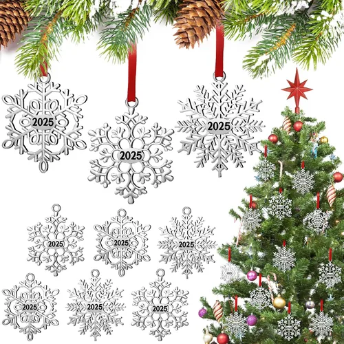 Vista 8 de Hotop 12 piezas Adorno de Navidad de copo de nieve de metal 2025 para árbol de Navidad, adornos colgantes de Navidad para árbol de Navidad, adornos