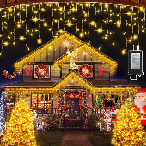 Vista 14 de 612 luces LED de Navidad de 60 pies con 136 gotas, 12 modos regulables, luces colgantes blancas frías al aire libre con memoria de temporizador