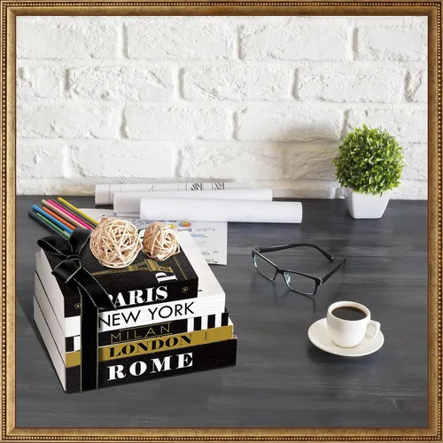 Vista 5 de Geetery 5 piezas de libros de madera para decoración del hogar con 2 bolas de ratán, libro de ciudad moderno y falso para sala de estar, granja