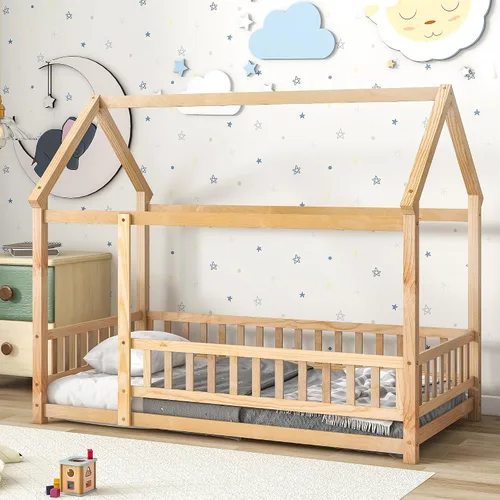 Vista 12 de Cama individual de madera con barandilla de valla para niños y niñas, tienda de campaña con toldo con techo (gris)