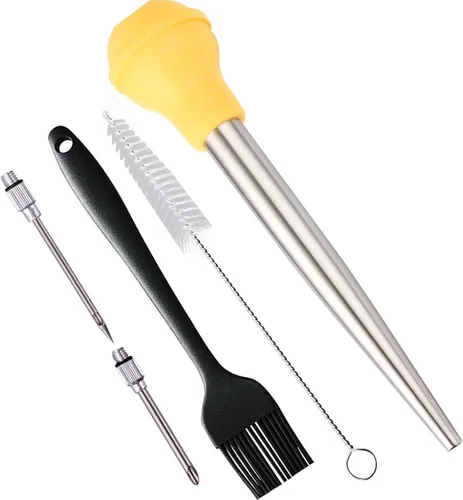 Vista 8 de Baster de Pavo, Baster de Pavo de Acero Inoxidable, Conjunto de Baster Inyector de Carne con Jeringa con 2 Agujas y 2 Cepillos de Limpieza