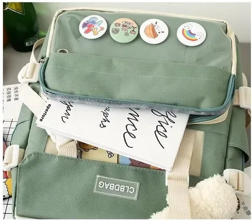Vista 5 de MOJIDUO Juego de 4 mochilas Kawaii con bonitos colgantes e insignias de felpa, mochila escolar de alta capacidad, bonita mochila estética, Azul