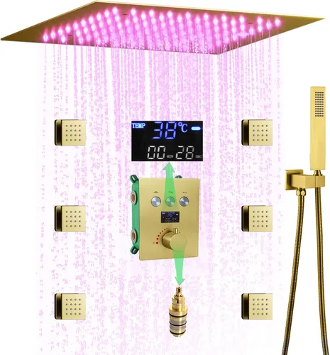 Vista 20 de Cabezal de ducha de lluvia de techo LED redondo de oro cepillado de 10 pulgadas, DULABRAHE termostático para baño, sistema de ducha de lluvia de Oro