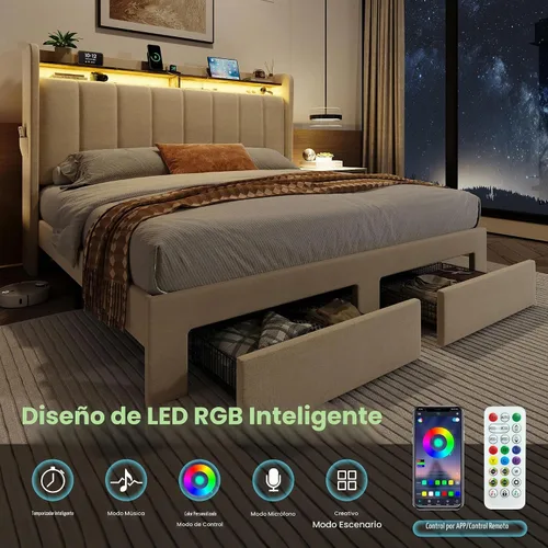 Vista 6 de SHA CERLIN - Marco de cama de tamaño matrimonial con cabecero