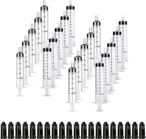 Vista 10 de 20 jeringas de plástico de 0.3 fl oz y 0.3 onzas líquidas con tapas, múltiples usos para medición, medición, dispensación, riego, recarga